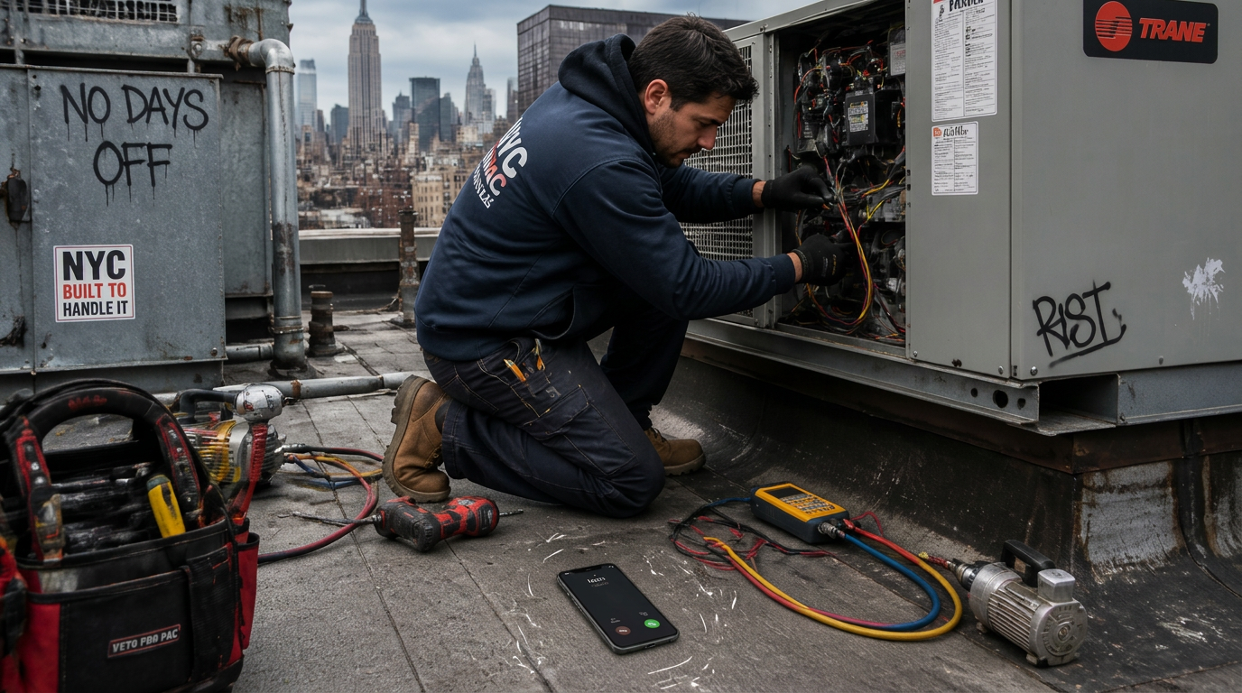 NYC HVAC tech on rooftop — no days off